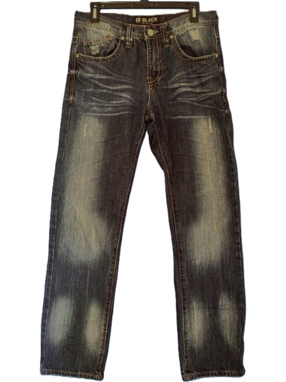 Black Premium Mens Low Rise Slim Straight Jeans Distressed Whiskered Sz 30x32